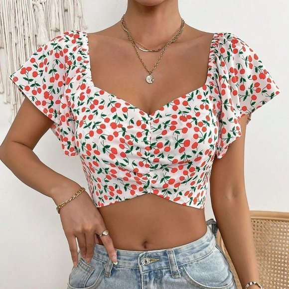 White Boho Womens Allover Cherry Print Off Shoulder Crop Blouse - Picture 5 of 5